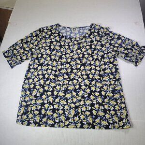 Anne Klein Women Dark Floral Navy/Yellow Short Sleeve Lightweight Top Size L